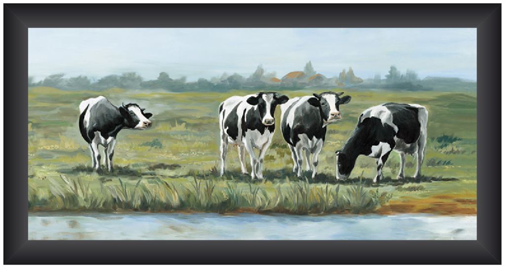 Schilderij Koeien 4 Op Rij 40x80cm In Zwart Houten Lijst