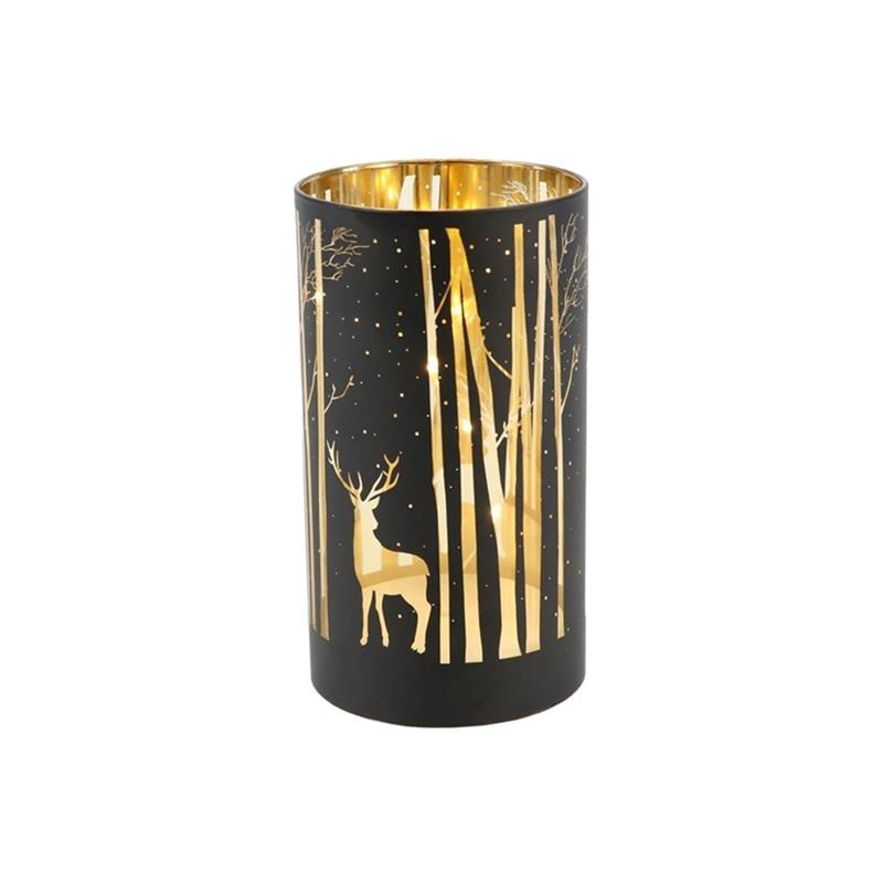 HBX Natural Living Cylinder Lantaarn Magical Forest LED 3xAA 9xh12cm Zwart/goud