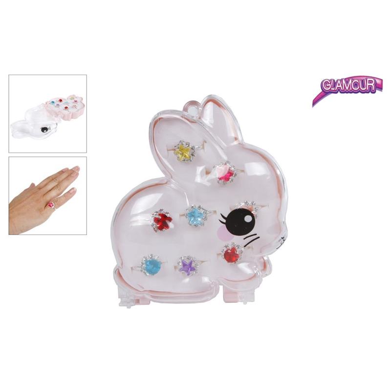 Glamour kinder ringen 8stuks in konijn juwelenbox