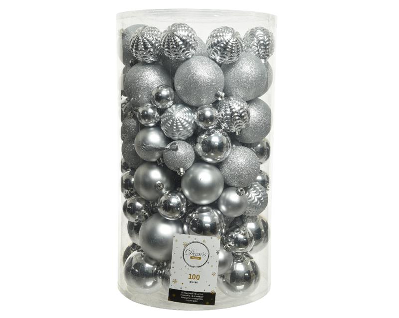 Kerstballenset 100stuks kunststof zilver
