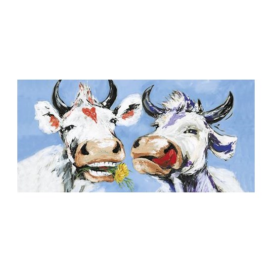 Schilderij Vrolijke Koeien 40x78cm In Zwart Houten Lijst