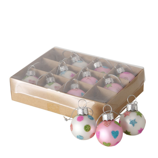 Kerstbal mini glas roze-wit 12 stuks