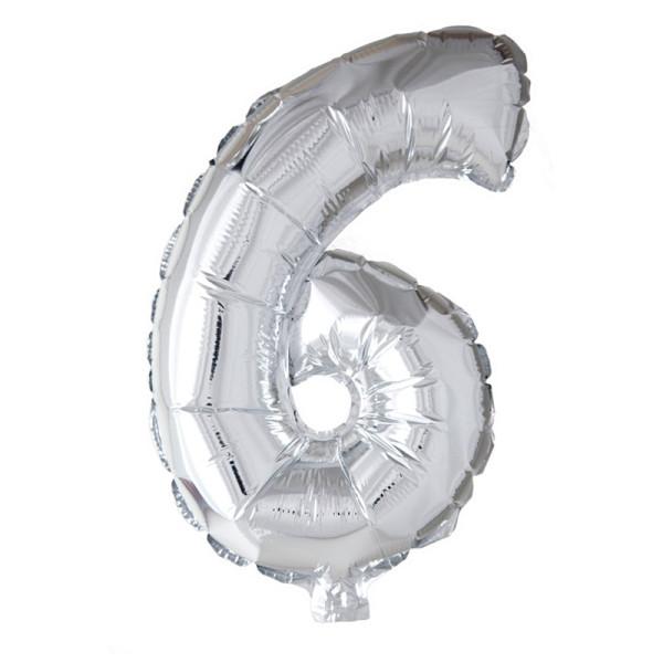 Folie ballon nummer '6' zilver 40cm