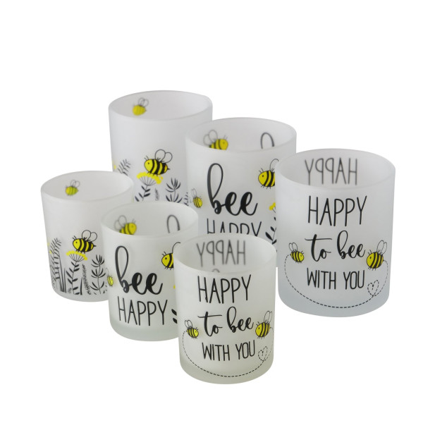 Theelichthouder glas 2-delig Bee happy