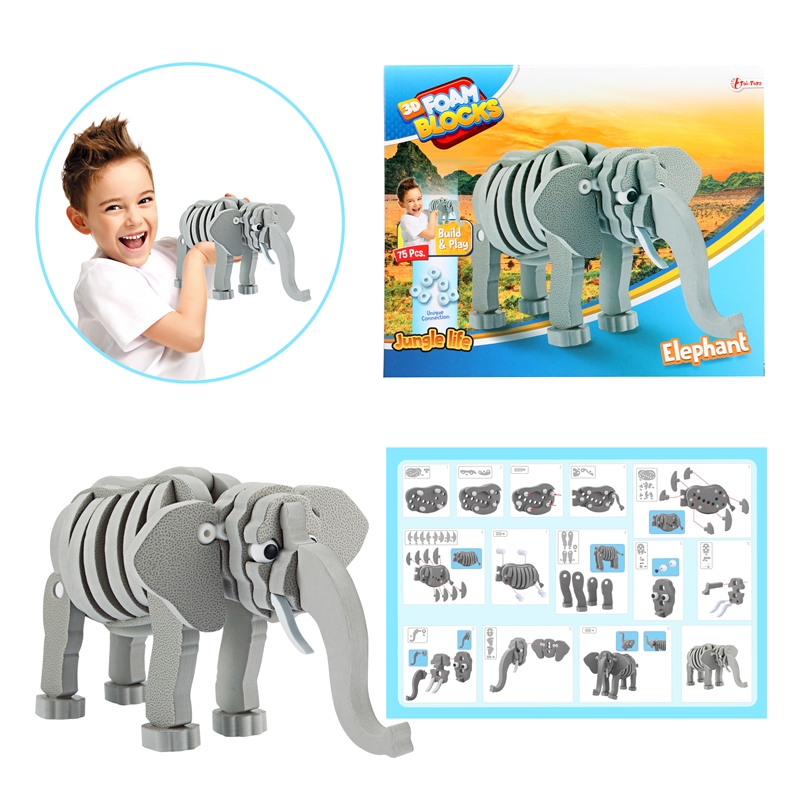 Toi Toys 3D puzzel olifant junior 31,5 cm foam grijs
