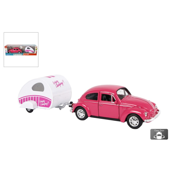 Welly VW beetle met caravan 21cm roze