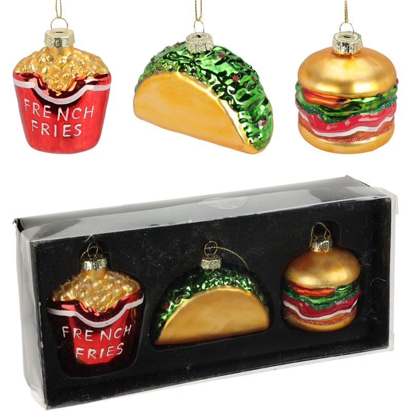 Christmas Decorations kershangers hamburger, friet, sandwich -3x- glas Kersthangers