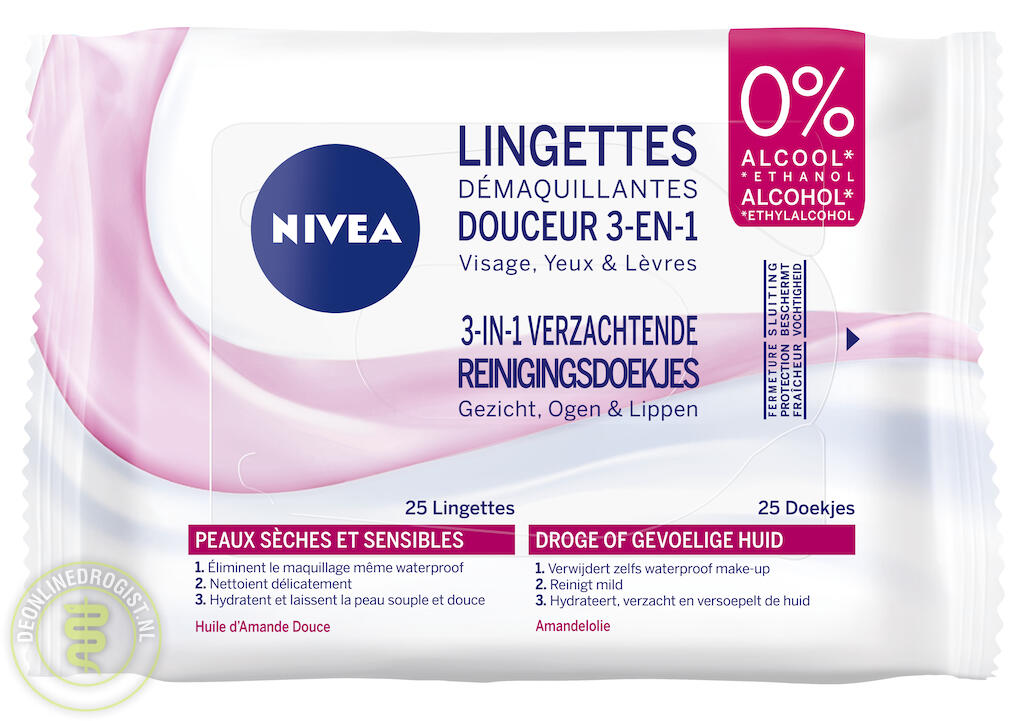 Nivea 3in1 Verzachtende Reinigingsdoekjes Droge-Gevoelige Huid 25stuks