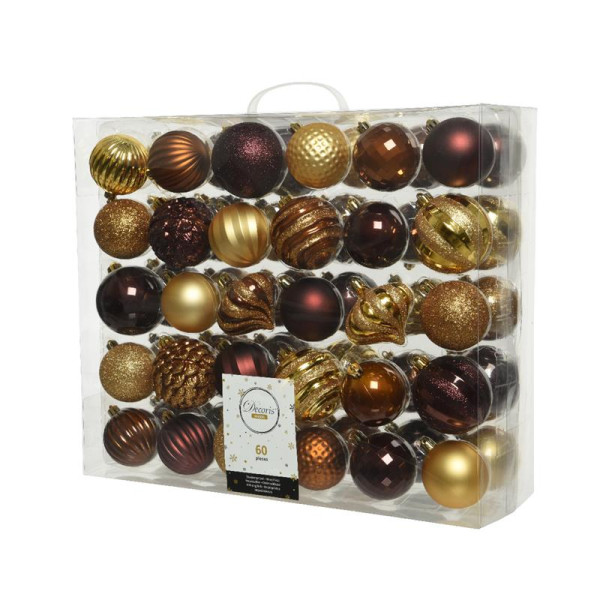 Kerstballenset kunststof 60 stuks bruin