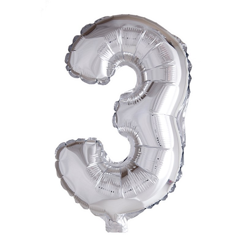 Cijfer Ballon Nummer '3' Zilver Folie 40cm Geschikt Voor Helium